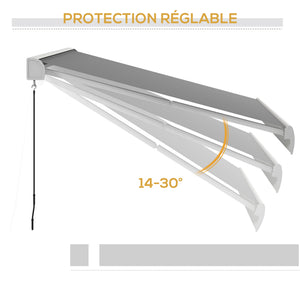 Store banne motorisé, store banne électrique, 4 x 3 m, angle réglable 14°-30°, avec télécommande et manivelle manuelle, en aluminium et polyester de 270g/m² protection solaire, gris clair