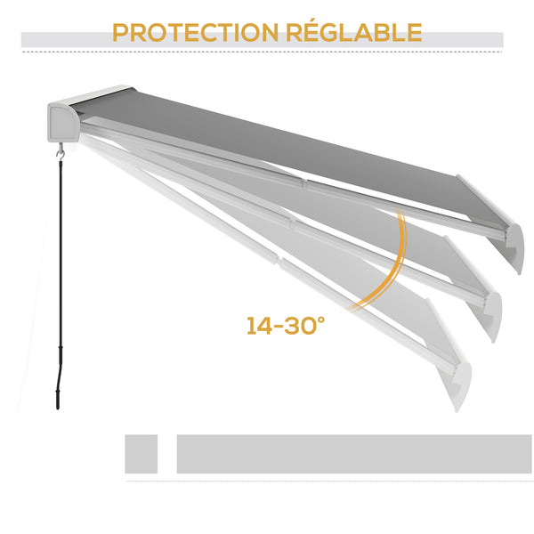 Store banne motorisé, store banne électrique, 4 x 3 m, angle réglable 14°-30°, avec télécommande et manivelle manuelle, en aluminium et polyester de 270g/m² protection solaire, gris clair