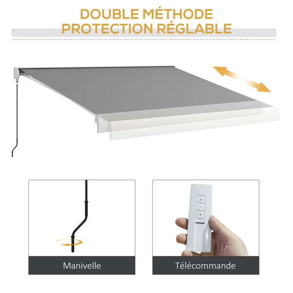 Store banne motorisé, store banne électrique, 4 x 3 m, angle réglable 14°-30°, avec télécommande et manivelle manuelle, en aluminium et polyester de 270g/m² protection solaire, gris clair