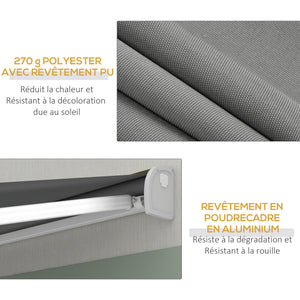 Store banne motorisé, store banne électrique, 4 x 3 m, angle réglable 14°-30°, avec télécommande et manivelle manuelle, en aluminium et polyester de 270g/m² protection solaire, gris clair