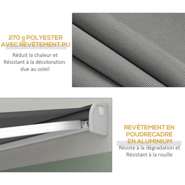 Store banne motorisé, store banne électrique, 4 x 3 m, angle réglable 14°-30°, avec télécommande et manivelle manuelle, en aluminium et polyester de 270g/m² protection solaire, gris clair