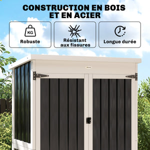 Armoire de Jardin en Bois et Acier Galvanisé, 3 Étagères Amovibles, Portes Doubles avec Fermeture Métallique, Toit en Asphalte Hydrofuge, Base Surélevée, Armoire à Outils pour Jardin, Noir