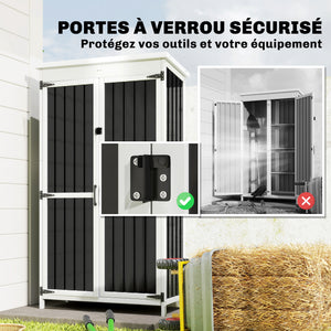 Armoire de Jardin en Bois et Acier Galvanisé, 3 Étagères Amovibles, Portes Doubles avec Fermeture Métallique, Toit en Asphalte Hydrofuge, Base Surélevée, Armoire à Outils pour Jardin, Noir