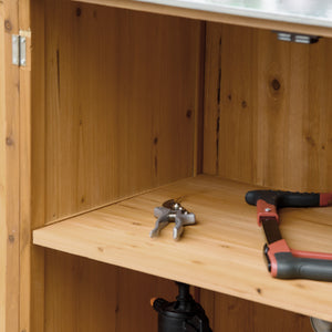 Armoire de jardin sur pied table de rempotage 2 en 1 - table de jardinage double porte, étagère, plateau tôle acier galvanisé - table de plantation bois de cèdre pré-huilé