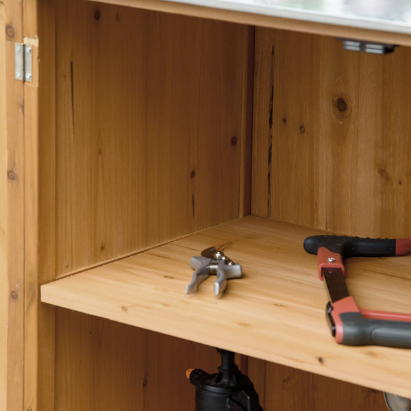 Armoire de jardin sur pied table de rempotage 2 en 1 - table de jardinage double porte, étagère, plateau tôle acier galvanisé - table de plantation bois de cèdre pré-huilé