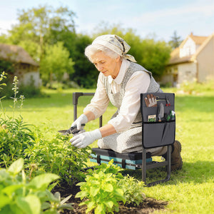 Tabouret de Jardin Pliable Agenouilloir de Jardin Repose-Genoux Siège Jardinage avec Coussin Rembourré Épais en Mousse EVA, Poches à Outils, Gris Foncé