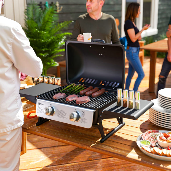 Barbecue gaz de table transportable, 2 brûleurs 5,6 kW, barbecue gaz de camping avec grille de cuisson, étagères latérales, couvercle, thermomètre, pour camping, jardin et balcon, noir
