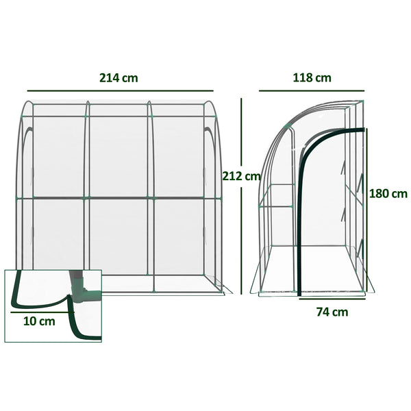 Serre de jardin adossée, serre de balcon, bâche renforcée PVC, châssis en acier, 2 portes zippées enroulables, pour légumes plantes fleurs, intérieur et extérieur, 214x118x212cm, transparent