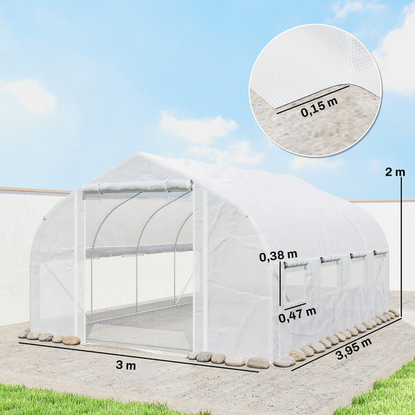 Serre tunnel de jardin 12m², serre de jardin tunnel 395x300x200cm porte et 8 fenêtres avec moustiquaires, pour extérieur, toutes saisons, légumes, fruits, bâche PE haute densité 140g/m² blanc