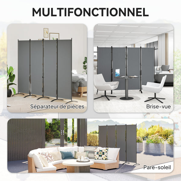 Paravent 221 x 172 cm, paravent de jardin à 4 panneaux, cloison de séparation avec pieds larges, pour terrasse, piscine, balcon, en tissu polyester de 180 g/m², gris foncé