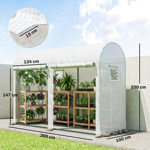 Serre de Jardin, Petite Serre de Balcon en Bâche PE et Châssis Acier, Portes et Fenêtres Roulantes, pour Légumes et Fleurs, Intérieur et Extérieur, 300 x 100 x 200 cm, blanc