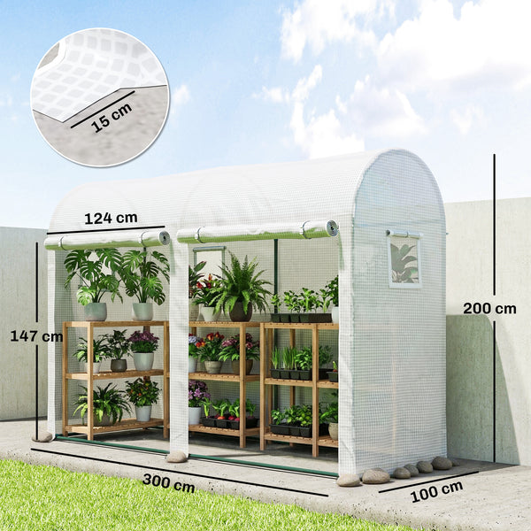 Serre de Jardin, Petite Serre de Balcon en Bâche PE et Châssis Acier, Portes et Fenêtres Roulantes, pour Légumes et Fleurs, Intérieur et Extérieur, 300 x 100 x 200 cm, blanc