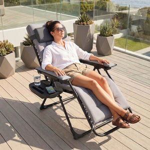 Chaise de Gravité Zéro, avec Accoudoirs, Coussin, Porte-Gobelet, Appuie-tête, Dossier Réglable, Bain de Soleil pour Jardin Plage Terrasse Camping, Gris Clair