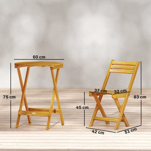 Ensemble de Bistrot 3 Pièces Pliable en Bois d'Acacia, Table Ronde 60 cm et 2 Chaises à Lattes san Montage, Salon de Jardin Extérieur pour Balcon Patio Jardin, Naturel