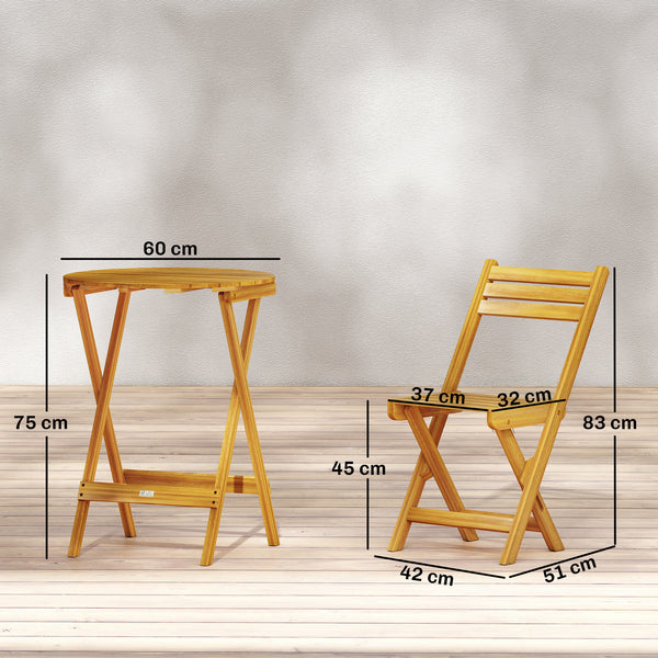 Ensemble de Bistrot 3 Pièces Pliable en Bois d'Acacia, Table Ronde 60 cm et 2 Chaises à Lattes san Montage, Salon de Jardin Extérieur pour Balcon Patio Jardin, Naturel