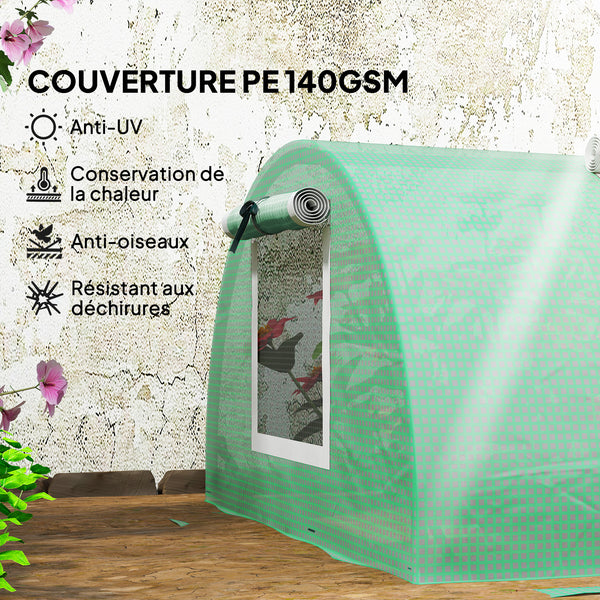 Mini Serre de Jardin mini serre tunnel à tomates 300 x 80 x 45 cm Acier PE Haute densité 140 g/m² Anti-UV 5 portes en filet enroulables vert