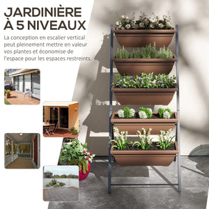 Jardinière surélevée avec étages, jardinière verticale avec 5 bacs à fleurs, trous de drainage avec bouchons en caoutchouc, escalier pour plantes, légumes, herbes, cadre en acier, marron