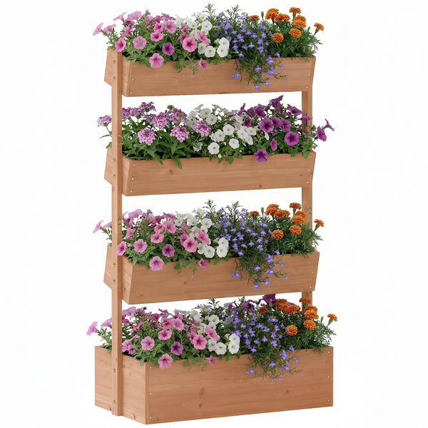 Jardinière en bois 4 niveaux, jardinière surélevée extérieure avec orifices de drainage et toile non tissée, bac pour cultures, plantes, fleurs, pour terrasse, jardin, 85x45x140 cm, Marron
