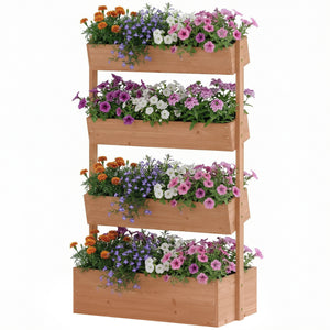 Jardinière en bois 4 niveaux, jardinière surélevée extérieure avec orifices de drainage et toile non tissée, bac pour cultures, plantes, fleurs, pour terrasse, jardin, 85x45x140 cm, Marron