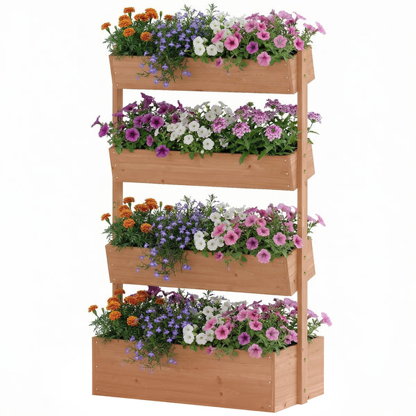 Jardinière en bois 4 niveaux, jardinière surélevée extérieure avec orifices de drainage et toile non tissée, bac pour cultures, plantes, fleurs, pour terrasse, jardin, 85x45x140 cm, Marron
