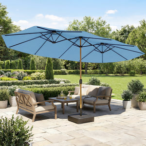 Parasol de jardin double 5 x 3 m, parasol de jardin extérieur avec base incluse, manivelle, polyester 180g/m², protection UV, pour patio, terrasse, bleu