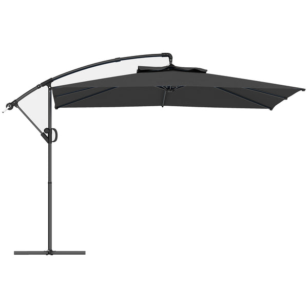 Parasol déporté carré 3 x 3 m, parasol de jardin extérieur avec manivelle, base croisée, parasol inclinable et rotation à 360°, toile polyester 180 g/m², protection UV UPF50+, gris foncé