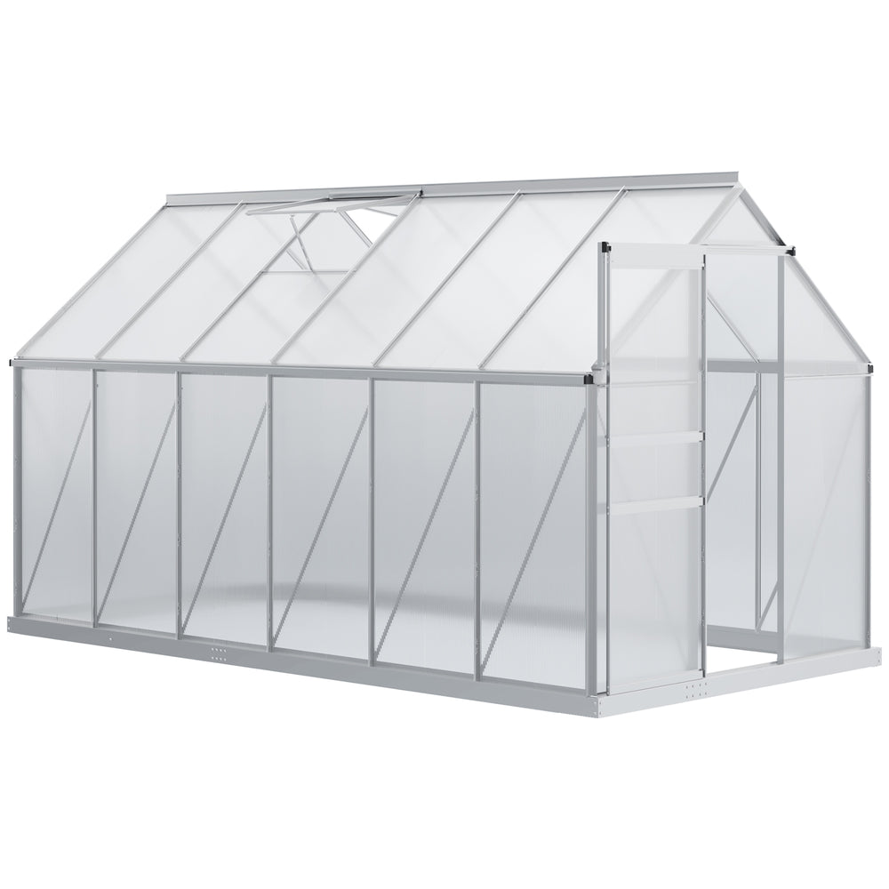 Serre de Jardin en Polycarbonate 7,1 m² dim. 1,9L x 3,75l x 1,99 m avec Fondation, Lucarne réglable, Porte coulissante - Argent et Transparent