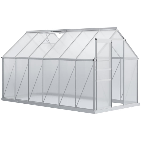 Serre de Jardin en Polycarbonate 7,1 m² dim. 1,9L x 3,75l x 1,99 m avec Fondation, Lucarne réglable, Porte coulissante - Argent et Transparent