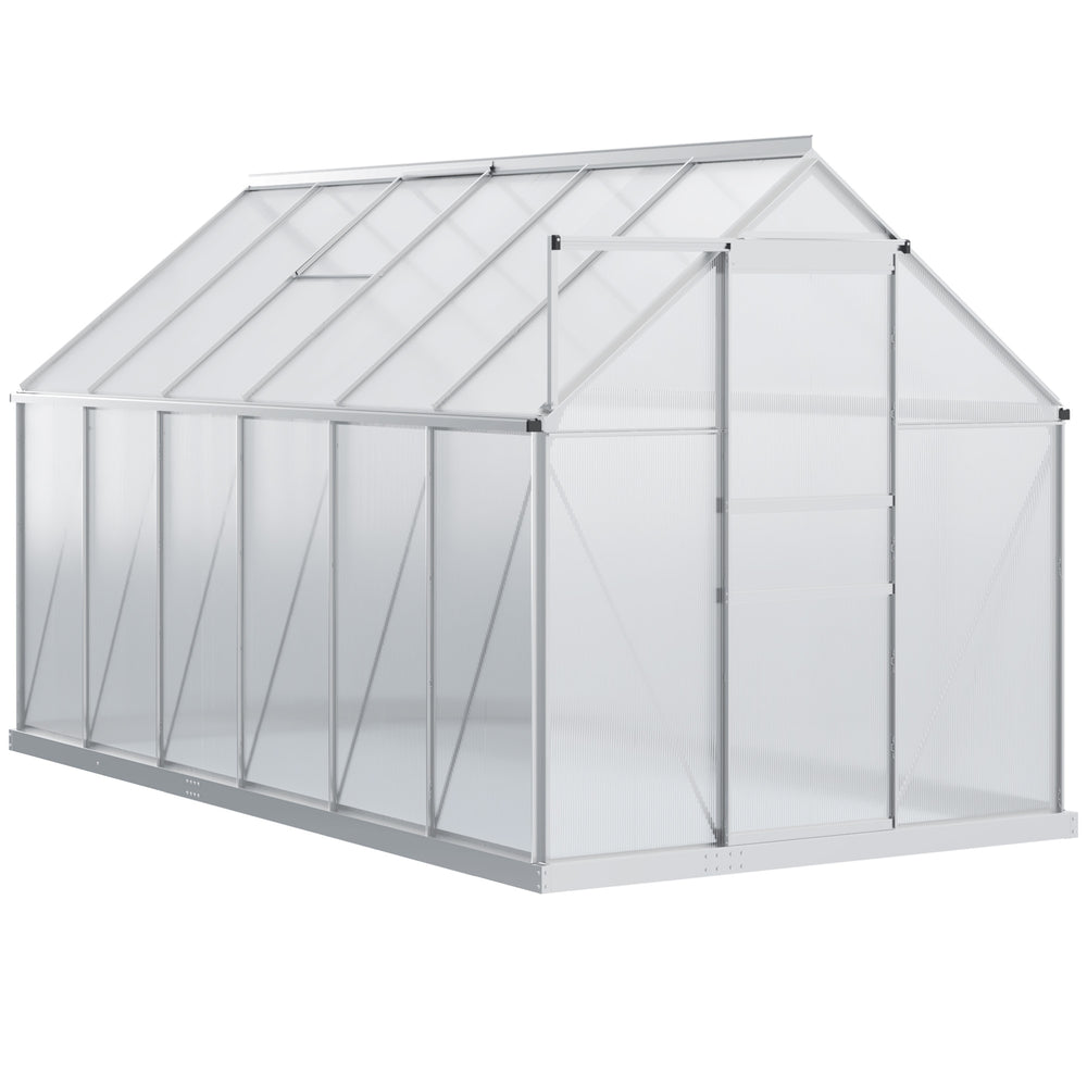 Serre de Jardin en Polycarbonate 7,1 m² dim. 1,9L x 3,75l x 1,99 m avec Fondation, Lucarne réglable, Porte coulissante - Argent et Transparent
