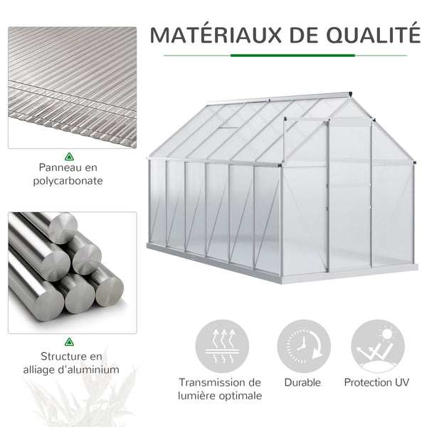Serre de Jardin en Polycarbonate 7,1 m² dim. 1,9L x 3,75l x 1,99 m avec Fondation, Lucarne réglable, Porte coulissante - Argent et Transparent