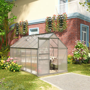 Serre de Jardin en Polycarbonate 7,1 m² dim. 1,9L x 3,75l x 1,99 m avec Fondation, Lucarne réglable, Porte coulissante - Argent et Transparent