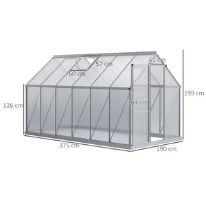 Serre de Jardin en Polycarbonate 7,1 m² dim. 1,9L x 3,75l x 1,99 m avec Fondation, Lucarne réglable, Porte coulissante - Argent et Transparent