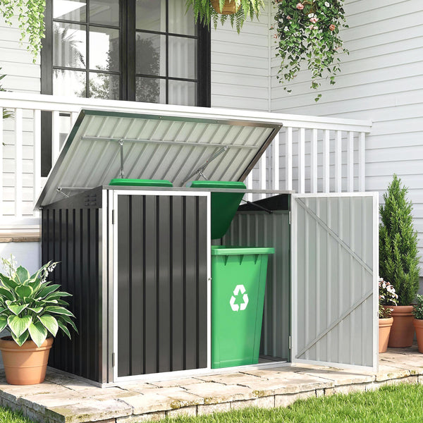 Cache Poubelle Double Acier Galvanisé pour 2 Poubelles de 240L - Abri de Jardin avec Couvercle Lié par Chaînes, Vérins à Gaz et Portes Verrouillables - Coffre de Jardin 179,5x108x129,5cm Gris