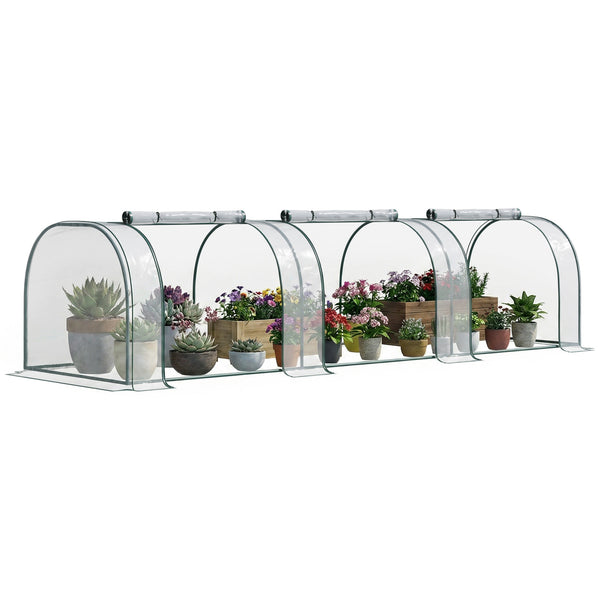 Mini Serre de Jardin, Mini Serre Tunnel, Serre à Tomates 3,5L x 1l x 0,8H m, Acier, PVC Haute Densité Anti-UV, 3 Fenêtres avec Zip Enroulables, Vert et Transparent