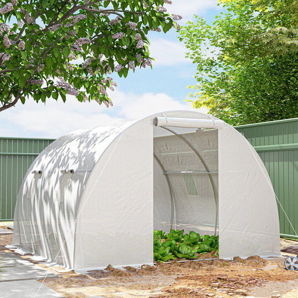 Serre de Jardin Tunnel 9 m² 3L x 3l x 2H m - 4 fenêtres, Porte zippée Enroulable - châssis Tubulaire Acier galvanisé, bâche PE Haute densité Blanc