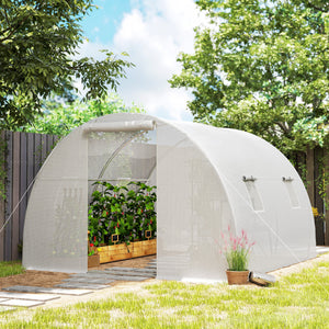 Serre de Jardin Tunnel 9 m² 3L x 3l x 2H m - 4 fenêtres, Porte zippée Enroulable - châssis Tubulaire Acier galvanisé, bâche PE Haute densité Blanc