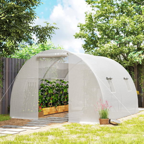 Serre de Jardin Tunnel 9 m² 3L x 3l x 2H m - 4 fenêtres, Porte zippée Enroulable - châssis Tubulaire Acier galvanisé, bâche PE Haute densité Blanc