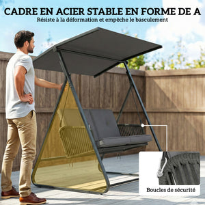 Balancelle de Jardin 2 Places en Résine Tressée, Balançoire Extérieure avec Toit Réglable et Coussin Épais, Cadre en Acier, Charge 240 kg, pour Balcon, Jardin, Terrasse, 150x128x168cm, Gris