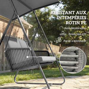 Balancelle de Jardin 2 Places en Résine Tressée, Balançoire Extérieure avec Toit Réglable et Coussin Épais, Cadre en Acier, Charge 240 kg, pour Balcon, Jardin, Terrasse, 150x128x168cm, Gris