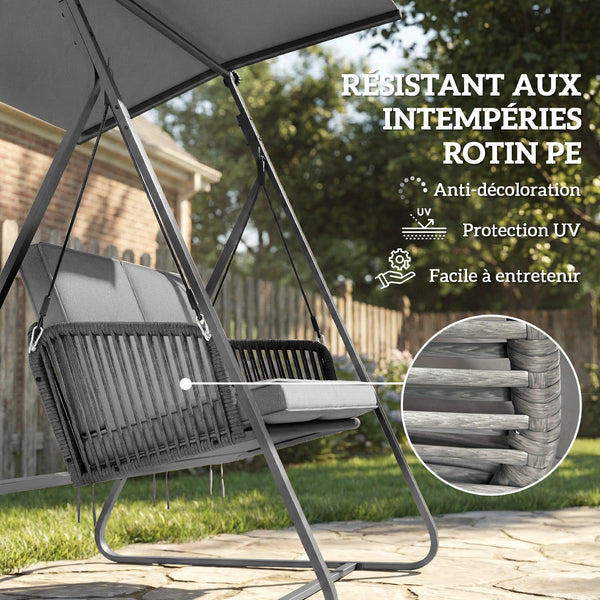 Balancelle de Jardin 2 Places en Résine Tressée, Balançoire Extérieure avec Toit Réglable et Coussin Épais, Cadre en Acier, Charge 240 kg, pour Balcon, Jardin, Terrasse, 150x128x168cm, Gris