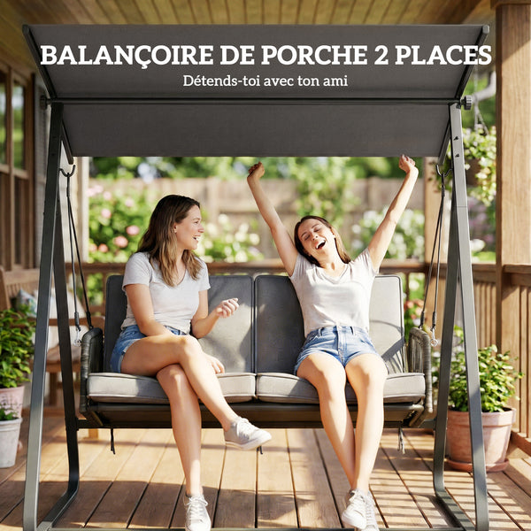 Balancelle de Jardin 2 Places en Résine Tressée, Balançoire Extérieure avec Toit Réglable et Coussin Épais, Cadre en Acier, Charge 240 kg, pour Balcon, Jardin, Terrasse, 150x128x168cm, Gris