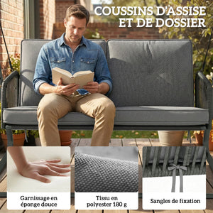 Balancelle de Jardin 2 Places en Résine Tressée, Balançoire Extérieure avec Toit Réglable et Coussin Épais, Cadre en Acier, Charge 240 kg, pour Balcon, Jardin, Terrasse, 150x128x168cm, Gris