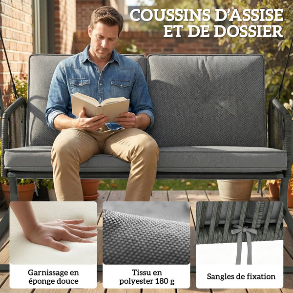 Balancelle de Jardin 2 Places en Résine Tressée, Balançoire Extérieure avec Toit Réglable et Coussin Épais, Cadre en Acier, Charge 240 kg, pour Balcon, Jardin, Terrasse, 150x128x168cm, Gris