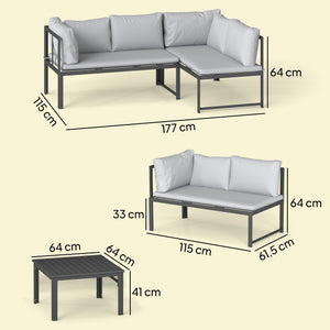 Salon de Jardin 3 Pièces en Métal avec Table Basse à Lattes, Coussins, Accoudoirs Réglables, Canapé d'Angle 4 Places pour Terrasse, Mobilier d'Extérieur, Gris
