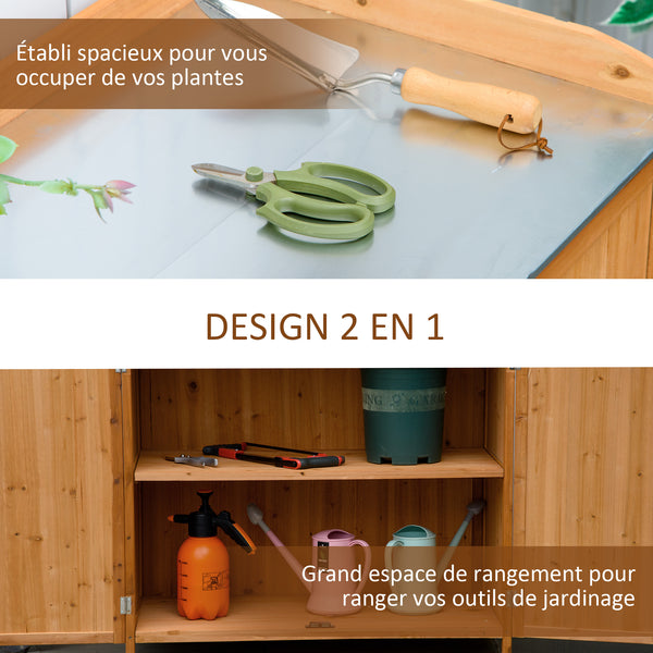 Armoire de jardin sur pied table de rempotage 2 en 1 - table de jardinage double porte, étagère, plateau tôle acier galvanisé - table de plantation bois de cèdre pré-huilé