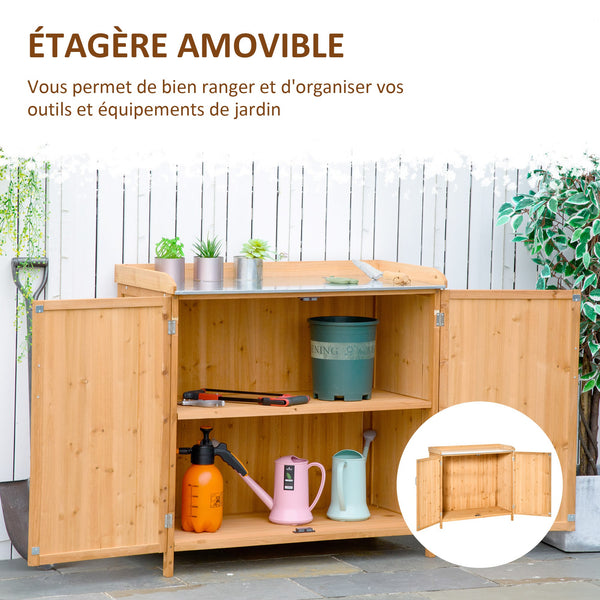 Armoire de jardin sur pied table de rempotage 2 en 1 - table de jardinage double porte, étagère, plateau tôle acier galvanisé - table de plantation bois de cèdre pré-huilé