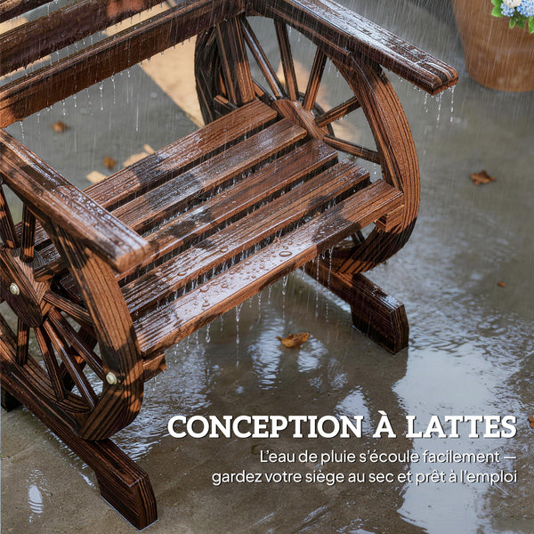 Chaise de Jardin en Bois, Fauteuil de Terrasse Style Roue de Chariot, Accoudoirs, Siège Large à Lattes et Dossier Incliné, Chaised'Extérieur pour Terrasse Balcon Patior, Finition Carbonisée