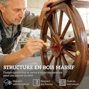 Chaise de Jardin en Bois, Fauteuil de Terrasse Style Roue de Chariot, Accoudoirs, Siège Large à Lattes et Dossier Incliné, Chaised'Extérieur pour Terrasse Balcon Patior, Finition Carbonisée