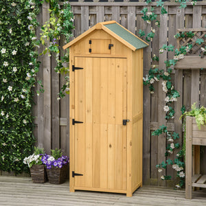Armoire de jardin extérieur abri de jardin en bois abri pour outils 3 étagères 2 Portes loquets Toit Pente bitumé rangement et stockage extérieurs pour terrasse 77 x 54 x 179 cm jaune