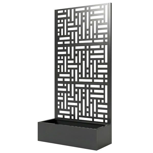 Jardinière avec treillis, bac à fleurs en acier galvanisé, lit surélevé avec brise-vue, trous de drainage, motif géométrique, pour plantes grimpantes, légumes, 90 x 40 x 180 cm, noir